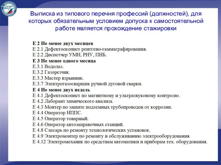 Выписка из типового перечня профессий (должностей), для которых обязательным условием