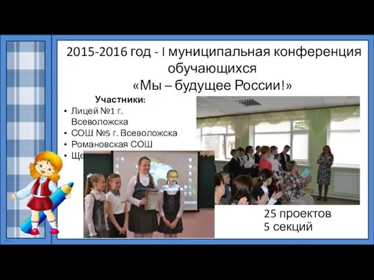 2015-2016 год - I муниципальная конференция обучающихся «Мы – будущее