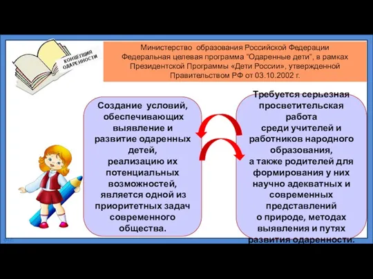 КОНЦЕПЦИЯ ОДАРЕННОСТИ Министерство образования Российской Федерации Федеральная целевая программа “Одаренные