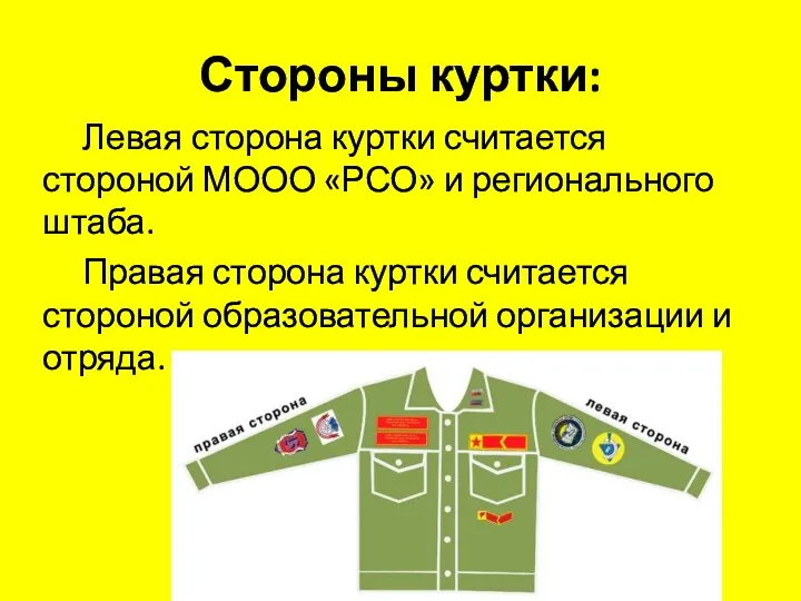 Стороны куртки: Левая сторона куртки считается стороной МООО «РСО» и