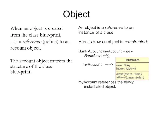 Object When an object is created from the class blue-print,