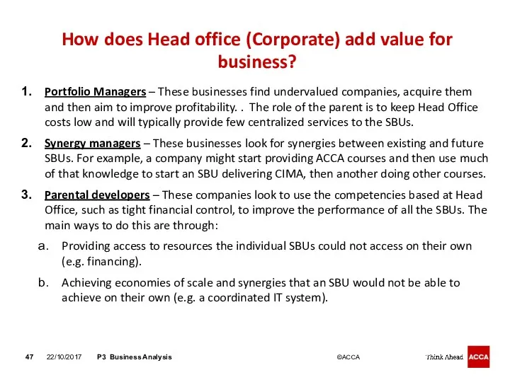 How does Head office (Corporate) add value for business? Portfolio