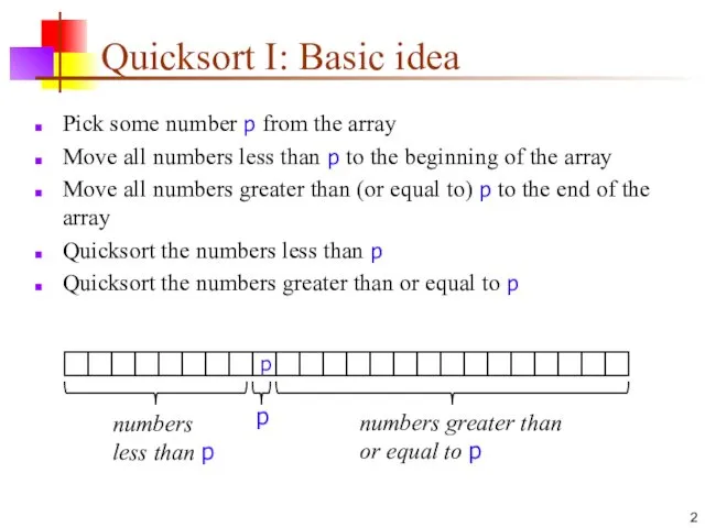 Quicksort I: Basic idea Pick some number p from the