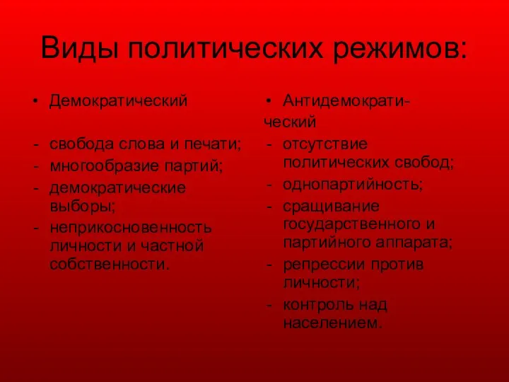 Виды политических режимов: Демократический свобода слова и печати; многообразие партий;