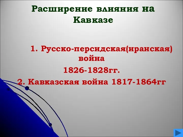 Расширение влияния на Кавказе 1. Русско-персидская(иранская) война 1826-1828гг. 2. Кавказская война 1817-1864гг