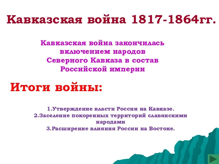 Итоги войны: 1.Утверждение власти России на Кавказе. 2.Заселение покоренных территорий