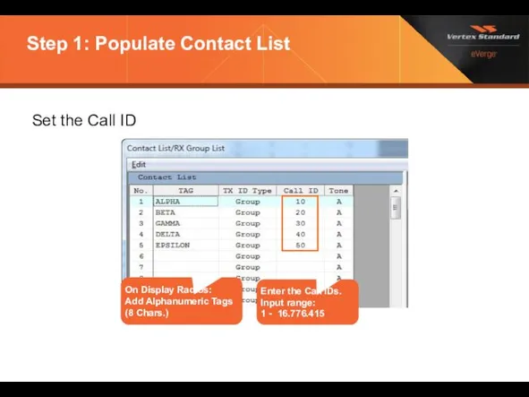 Step 1: Populate Contact List Set the Call ID Enter