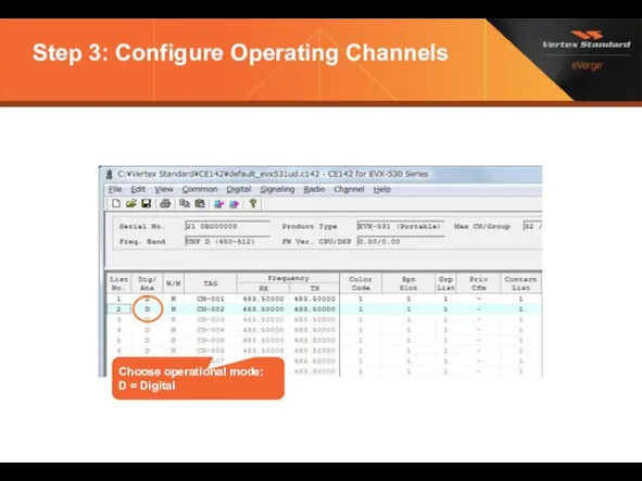 Step 3: Configure Operating Channels Choose operational mode: D = Digital