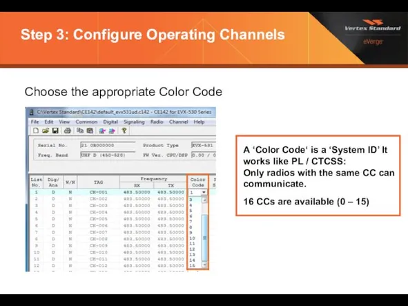 Step 3: Configure Operating Channels Choose the appropriate Color Code