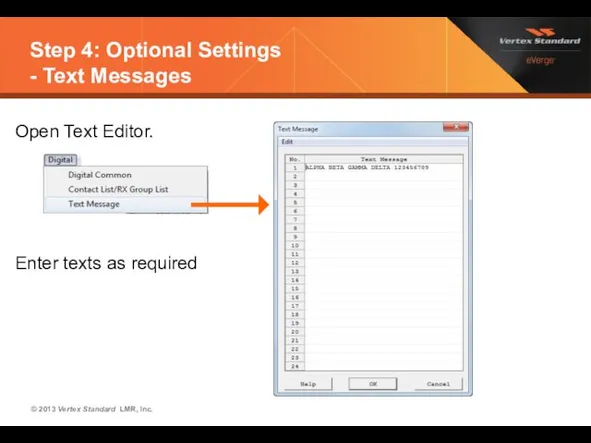 Step 4: Optional Settings - Text Messages Open Text Editor. Enter texts as required