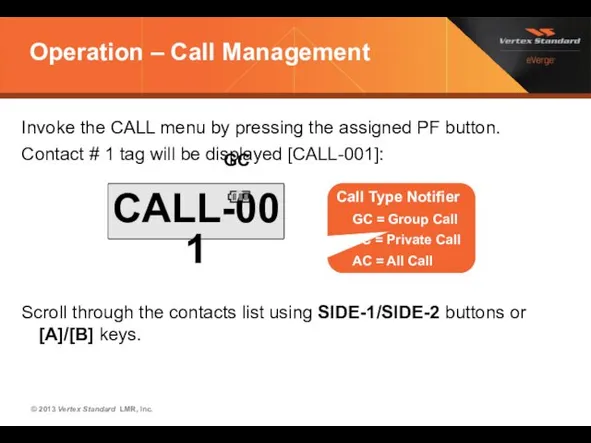 Operation – Call Management Invoke the CALL menu by pressing
