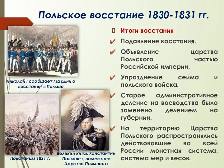 Польское восстание 1830-1831 гг. Итоги восстания Подавление восстания. Объявление царства Польского частью Российской