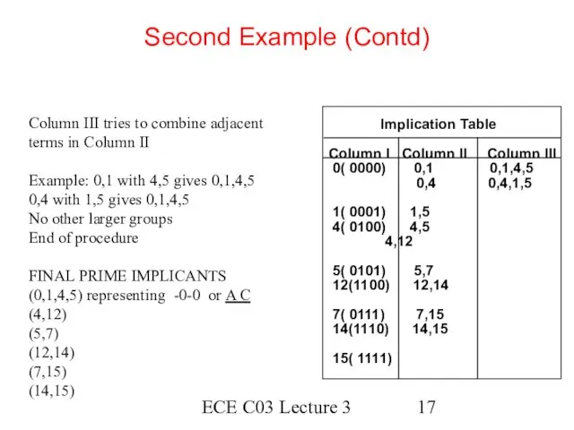 ECE C03 Lecture 3 Second Example (Contd) Implication Table Column