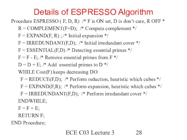 ECE C03 Lecture 3 Details of ESPRESSO Algorithm Procedure ESPRESSO