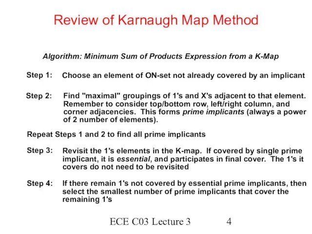 ECE C03 Lecture 3 Review of Karnaugh Map Method Algorithm: