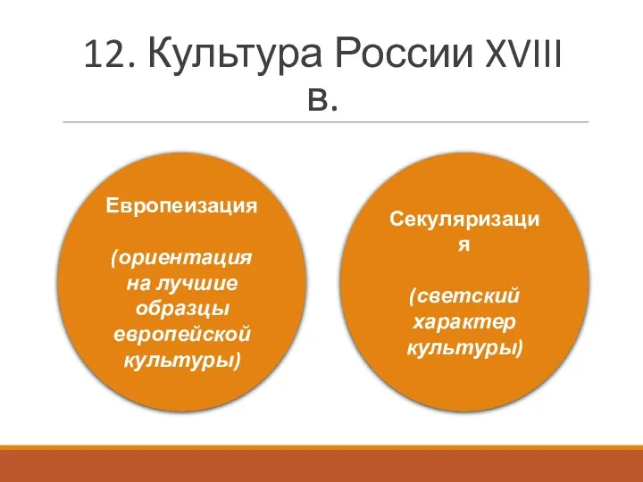 12. Культура России XVIII в. Европеизация (ориентация на лучшие образцы европейской культуры) Секуляризация (светский характер культуры)