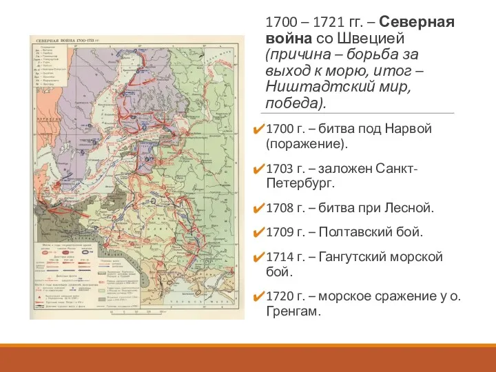 1700 – 1721 гг. – Северная война со Швецией (причина – борьба за