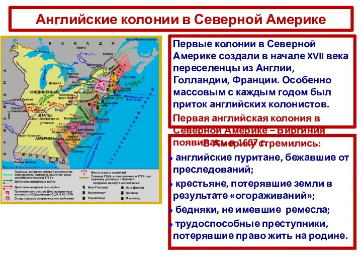 Английские колонии в Северной Америке Первые колонии в Северной Америке создали в начале