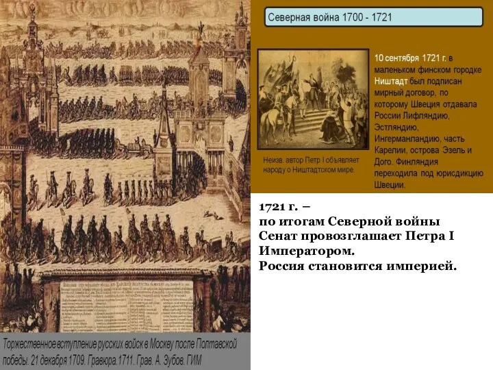 1721 г. – по итогам Северной войны Сенат провозглашает Петра I Императором. Россия становится империей.