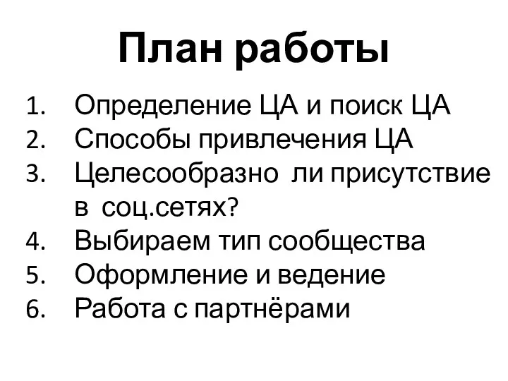 План работы Определение ЦА и поиск ЦА Способы привлечения ЦА