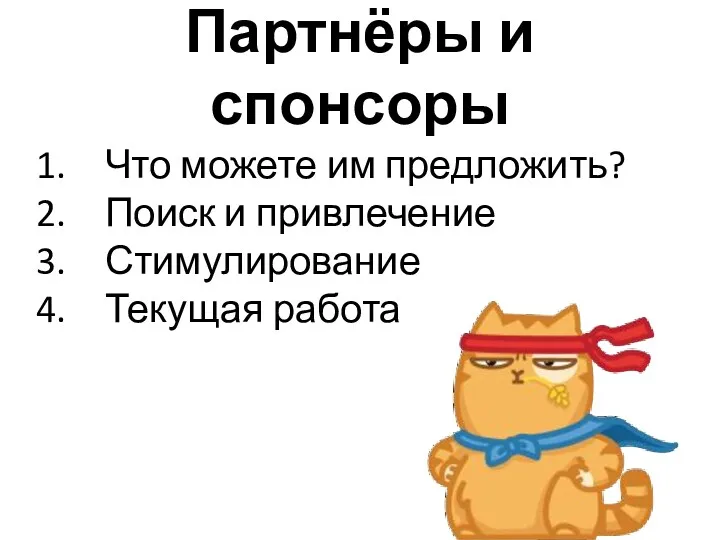 Партнёры и спонсоры Что можете им предложить? Поиск и привлечение Стимулирование Текущая работа