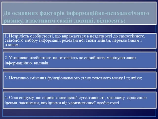 До основних факторів інформаційно-психологічного ризику, властивим самій людині, відносять: 1.