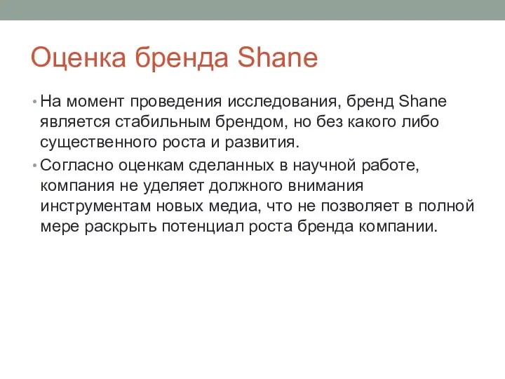 Оценка бренда Shane На момент проведения исследования, бренд Shane является