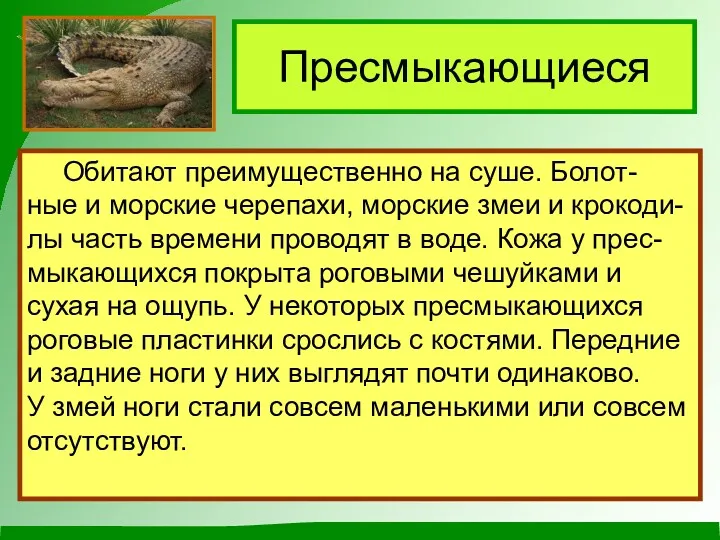 Пресмыкающиеся Обитают преимущественно на суше. Болот- ные и морские черепахи,