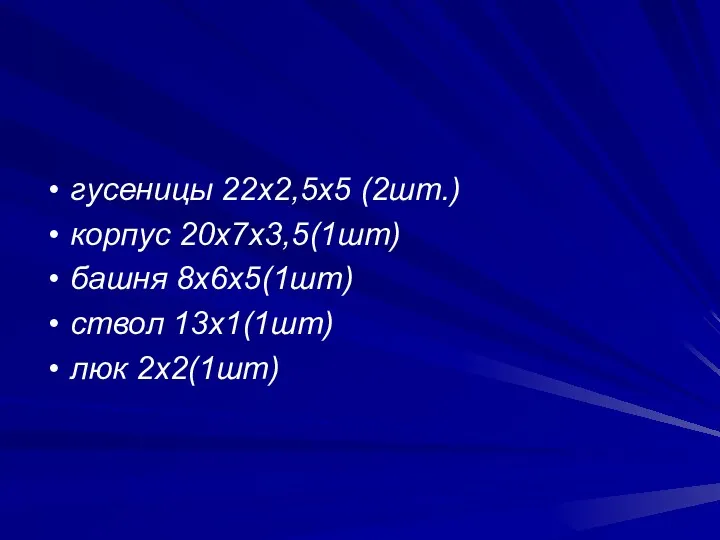 гусеницы 22х2,5х5 (2шт.) корпус 20х7х3,5(1шт) башня 8х6х5(1шт) ствол 13х1(1шт) люк 2х2(1шт)