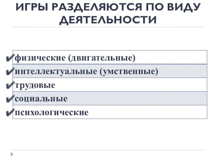 ИГРЫ РАЗДЕЛЯЮТСЯ ПО ВИДУ ДЕЯТЕЛЬНОСТИ