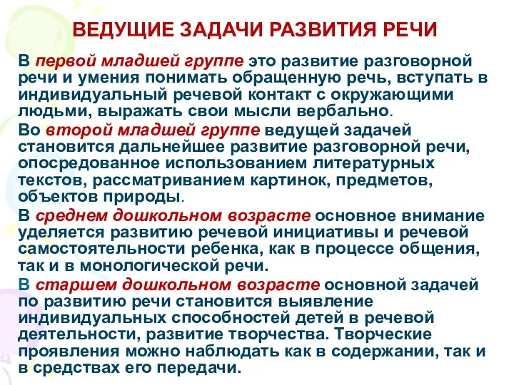 ВЕДУЩИЕ ЗАДАЧИ РАЗВИТИЯ РЕЧИ В первой младшей группе это развитие