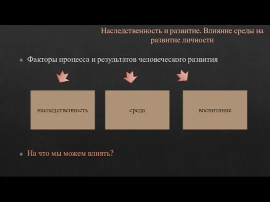 Наследственность и развитие. Влияние среды на развитие личности Факторы процесса