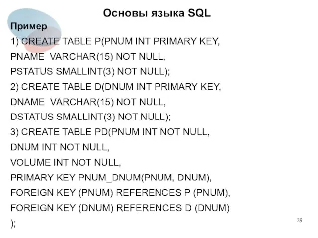 Пример 1) CREATE TABLE P(PNUM INT PRIMARY KEY, PNAME VARCHAR(15)