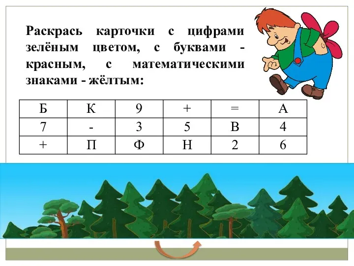 Раскрась карточки с цифрами зелёным цветом, с буквами - красным, с математическими знаками - жёлтым: