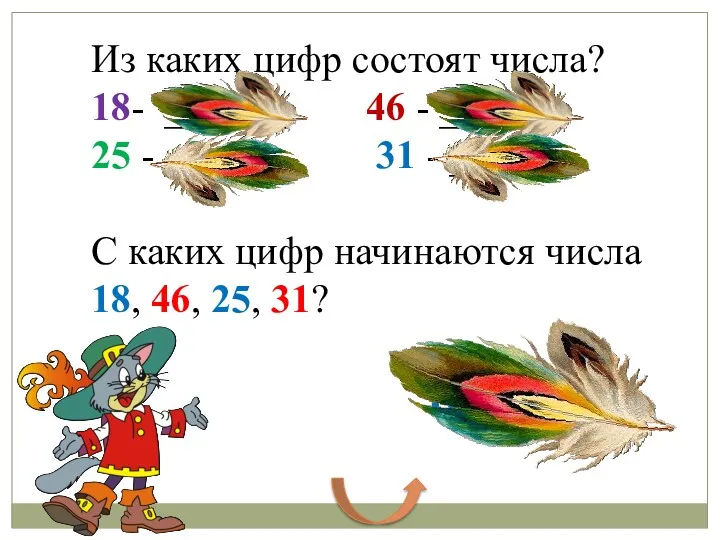 Из каких цифр состоят числа? 18- _1 и 8_ 46