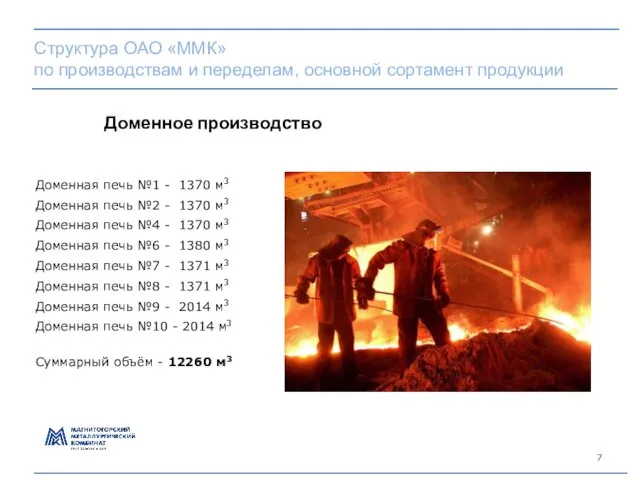 Структура ОАО «ММК» по производствам и переделам, основной сортамент продукции