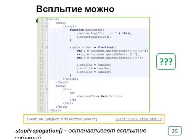 Всплытие можно остановить .stopPropagation() – останавливает всплытие событий. ???