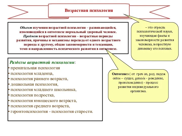 Возрастная психология Объект изучения возрастной психологии – развивающийся, изменяющийся в