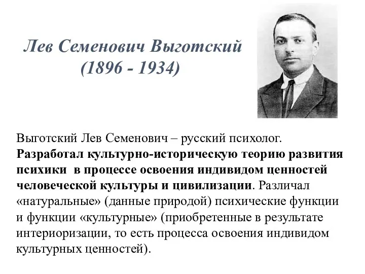 Лев Семенович Выготский (1896 - 1934) Выготский Лев Семенович –