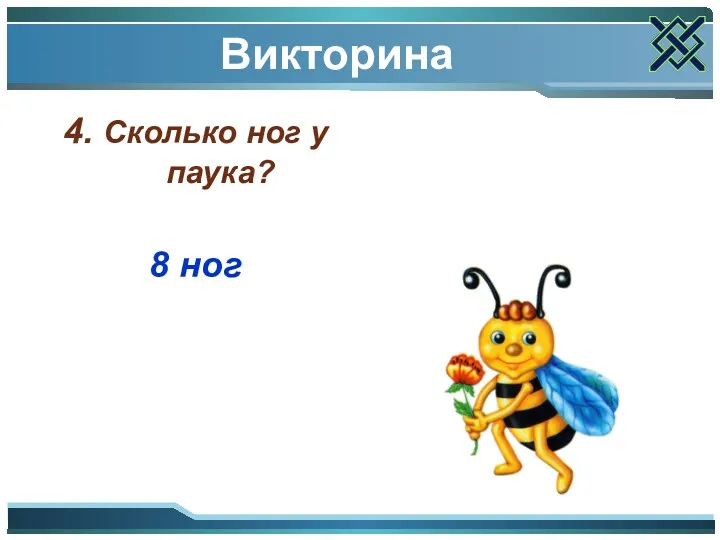 Викторина 4. Сколько ног у паука? 8 ног