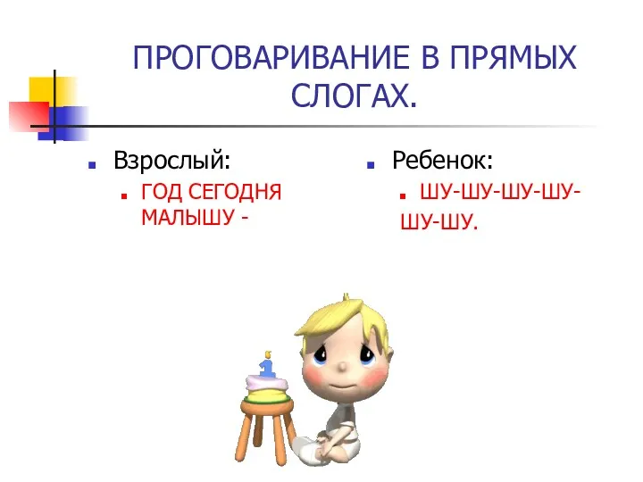 ПРОГОВАРИВАНИЕ В ПРЯМЫХ СЛОГАХ. Взрослый: ГОД СЕГОДНЯ МАЛЫШУ - Ребенок: ШУ-ШУ-ШУ-ШУ- ШУ-ШУ.