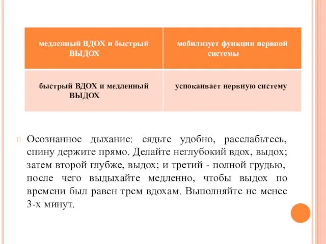 Осознанное дыхание: сядьте удобно, расслабьтесь, спину держите прямо. Делайте неглубокий