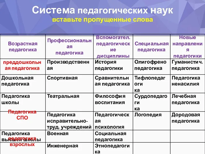 Система педагогических наук вставьте пропущенные слова преддошкольная педагогика Педагогика СПО педагогика взрослых