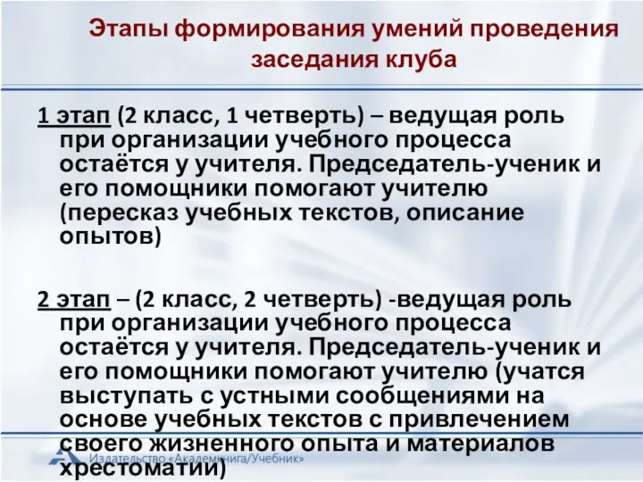 Этапы формирования умений проведения заседания клуба 1 этап (2 класс,