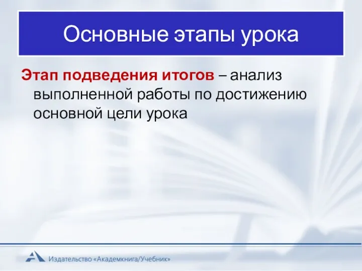 Основные этапы урока Этап подведения итогов – анализ выполненной работы по достижению основной цели урока