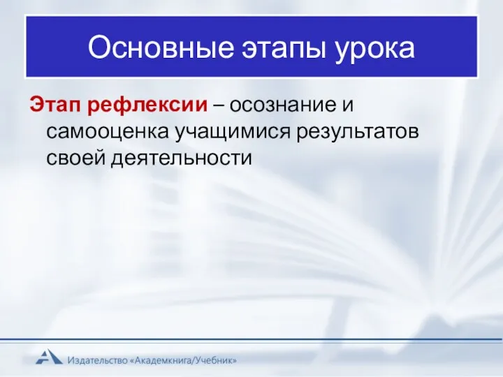 Основные этапы урока Этап рефлексии – осознание и самооценка учащимися результатов своей деятельности