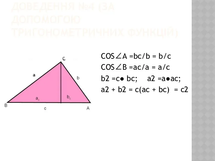 ДОВЕДЕННЯ №4 (ЗА ДОПОМОГОЮ ТРИГОНОМЕТРИЧНИХ ФУНКЦІЙ) COS∠A =bc/b = b/c