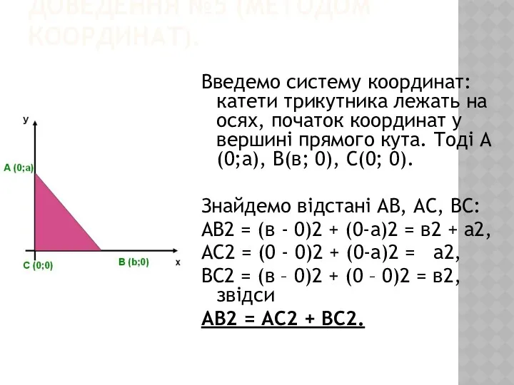 ДОВЕДЕННЯ №5 (МЕТОДОМ КООРДИНАТ). Введемо систему координат: катети трикутника лежать на осях, початок