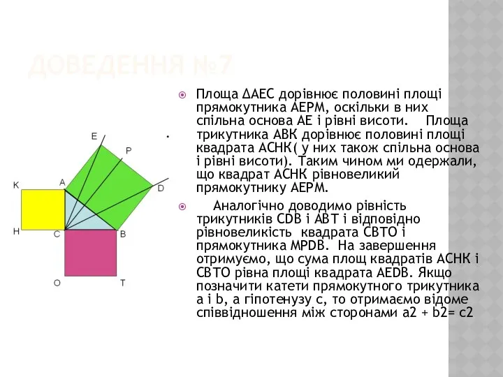 ДОВЕДЕННЯ №7 Площа ∆АЕС дорівнює половині площі прямокутника АЕРМ, оскільки в них спільна