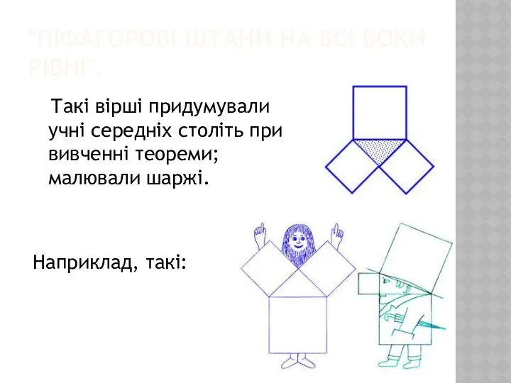 "ПІФАГОРОВІ ШТАНИ НА ВСІ БОКИ РІВНІ". Такі вірші придумували учні середніх століть при